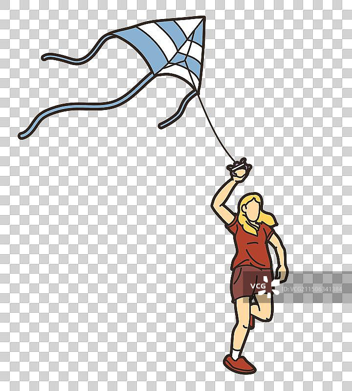 女孩放风筝儿童玩耍卡通图片素材