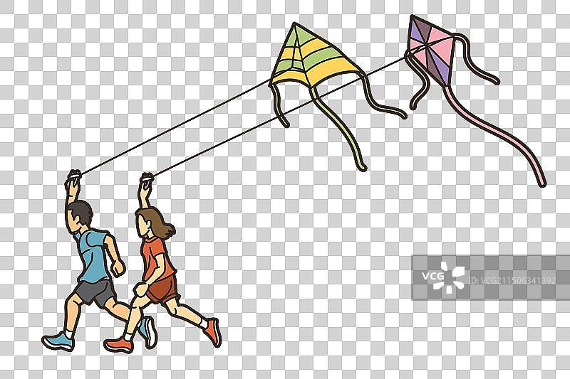 男孩和女孩奔跑着放风筝图片素材