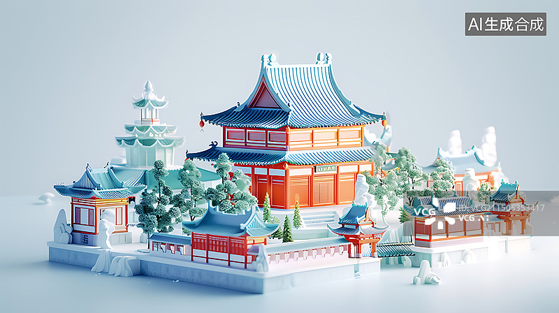 【AI数字艺术】透明玻璃质感微缩中式建筑图片素材