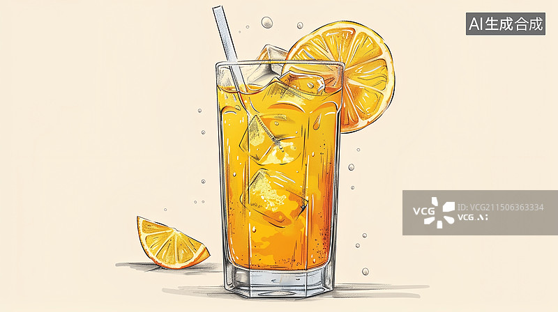 【AI数字艺术】橙汁，冻柠茶，冰块，冷饮图片素材