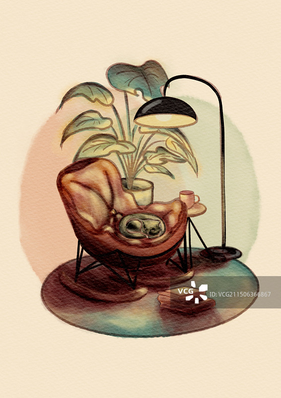 暖灯沙发角落和熟睡的猫图片素材