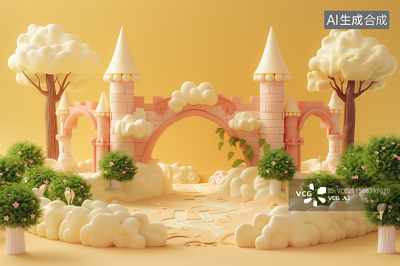 【AI数字艺术】晴天白天欧式奶油蛋糕城堡3D卡通立体插画图片素材