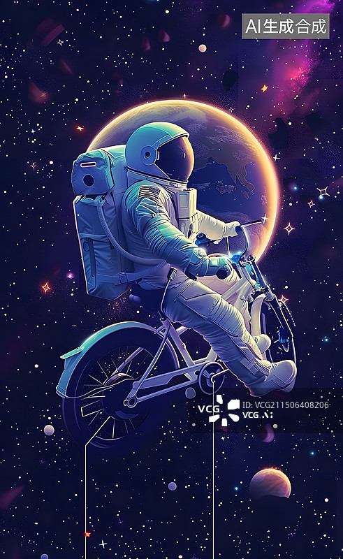 【AI数字艺术】宇航员太空骑自行车创意插画图片素材