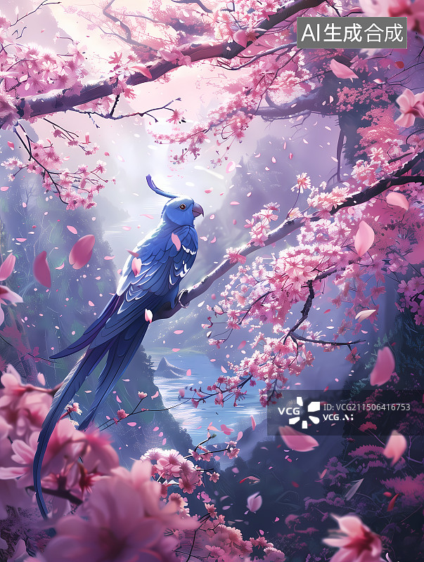 【AI数字艺术】蓝色鹦鹉和樱花图片素材