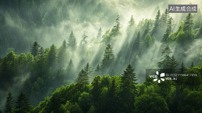【AI数字艺术】航拍视角迷雾下的森林图片素材