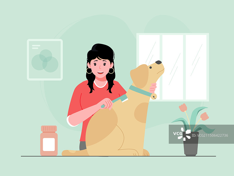 一个女生正在给狗刷狗毛矢量插画图片素材