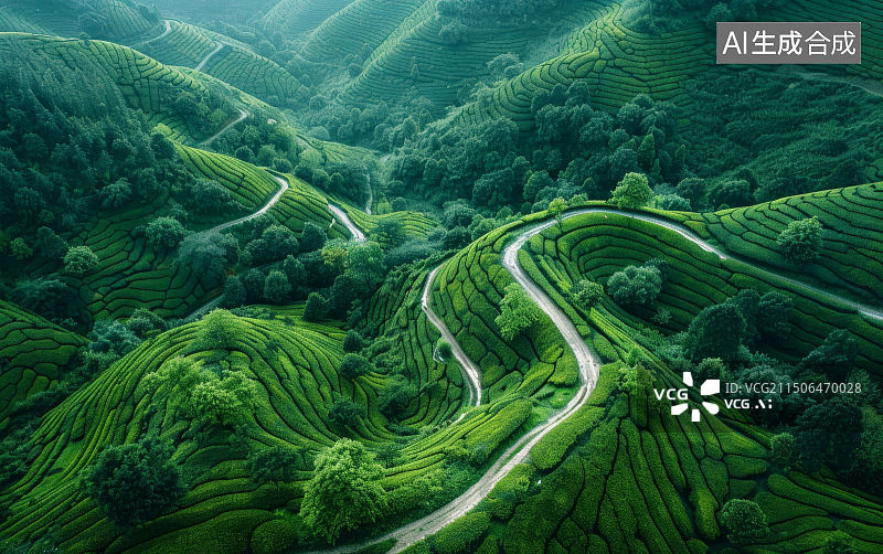 【AI数字艺术】山地茶园鸟瞰图Aerial View of a Mountain Tea Garden图片素材