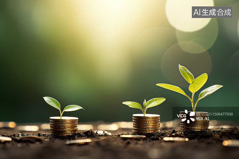 【AI数字艺术】一叠整齐叠放的金币长出嫩绿的新芽图片素材