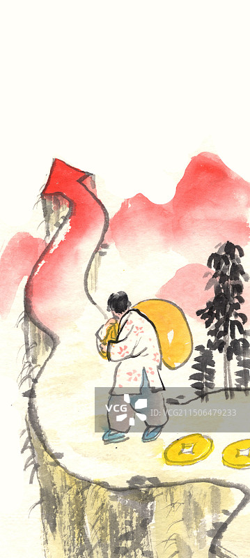 钱，金融，故事，股市，投资，赚钱，商业，毛笔宣纸手绘水墨中国画图片素材