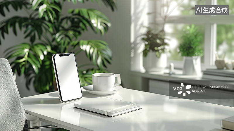 【AI数字艺术】办公室办公桌上的智能手机图片素材