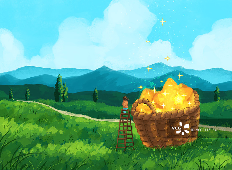 创意绿色草地篮子星星图片素材