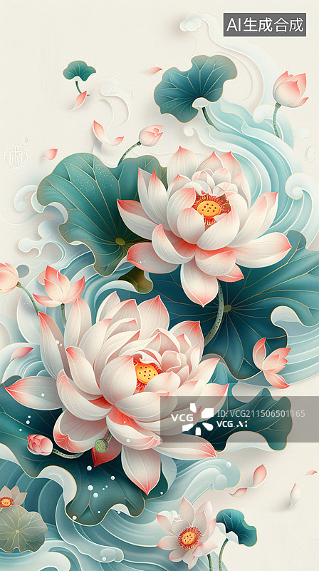 【AI数字艺术】夏日荷花荷叶卡通小清新国风小暑节气插画图片素材