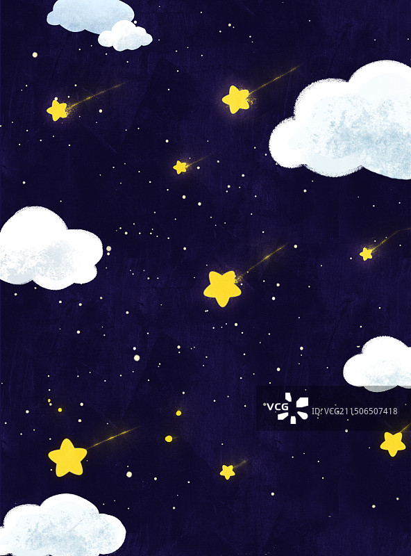蓝黑色星空云朵发光星星手绘插画背景图图片素材