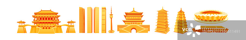 秋季西安城市天际线建筑插画，西安秋天重阳节立秋秋分节气图片素材