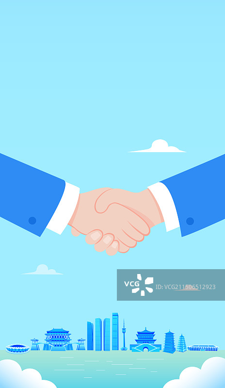 西安企业合作矢量插画，合作共赢城市建设商务合作现代城市峰会共赢商机，展板企业文化握手盛典图片素材