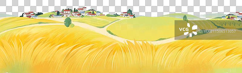 农民丰收节插画元素秋天的村庄金黄色的稻田图片素材