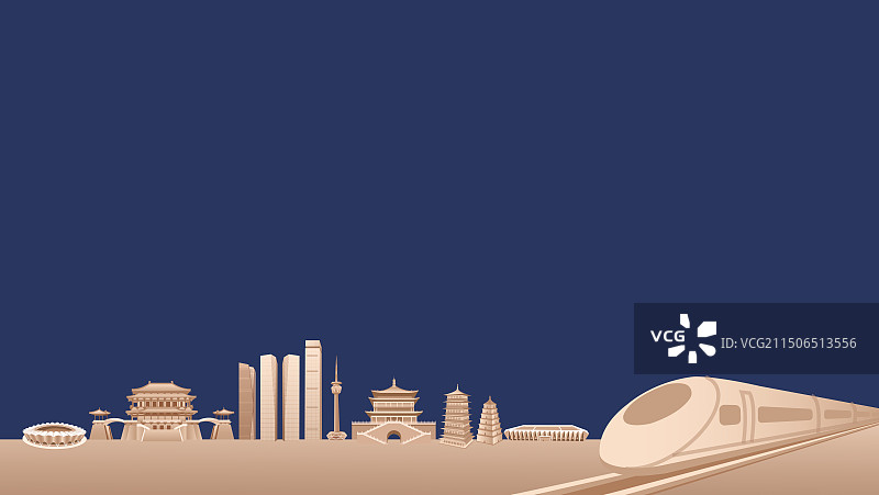 动车与西安城市矢量插画，开往西安的高铁列车矢量插画，蓝金新年春运高端宣传年会年终盛典春节晚会图片素材