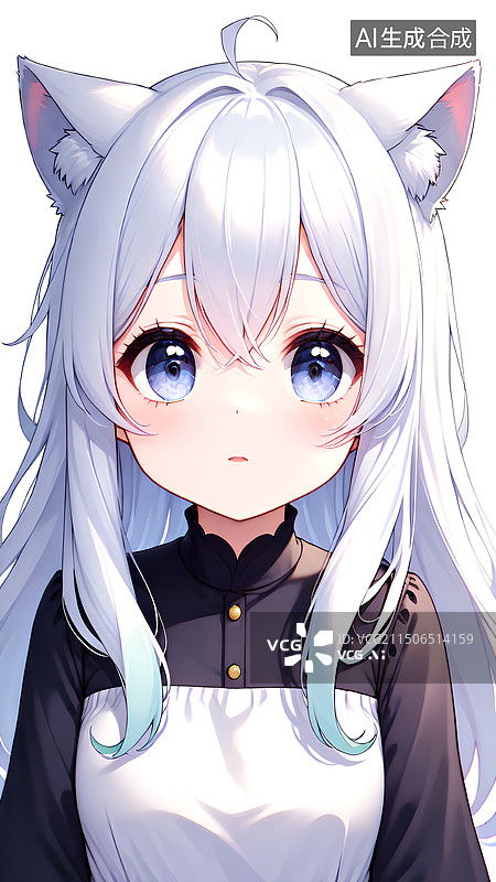 【AI数字艺术】猫耳白色长发美少女头像，楚楚动人大眼睛。图片素材