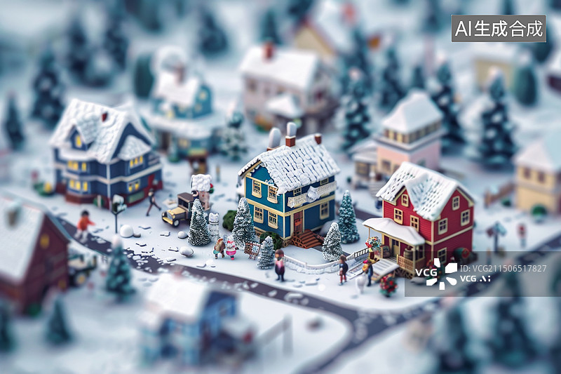 【AI数字艺术】冬季雪中的小镇移轴模型效果图片素材