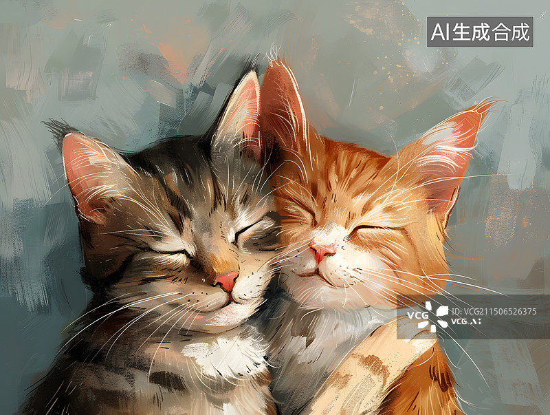 【AI数字艺术】两只拥抱在一起的猫卡通插画图片素材