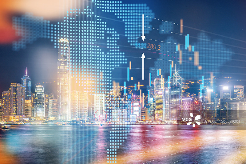 香港中环维多利亚港城市天际线科技概念图片素材