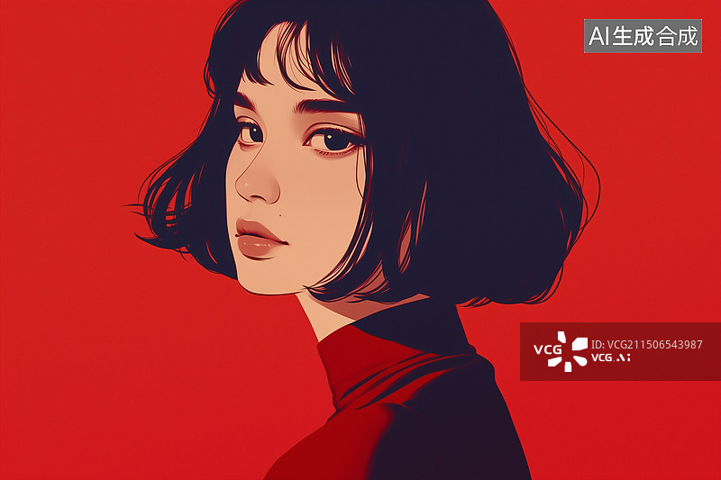 【AI数字艺术】夏天黑头发黄皮肤东方女性头像扁平插画绘画图片素材