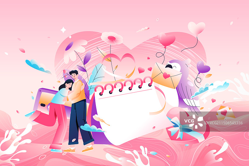 卡通七夕节乞巧节牛郎织女情人节情侣在一起约会浪漫爱情故事告白惊喜爱心纪念日电商消费中国风渐变矢量插画图片素材