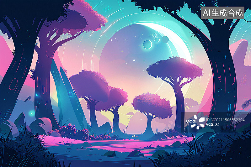 【AI数字艺术】扁平森林世界图片素材