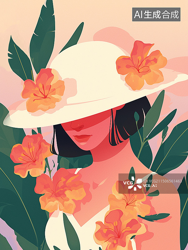 【AI数字艺术】木槿花女性情感插画海报春分插图锁屏壁纸杂志印刷节日节气花朵植物图片素材