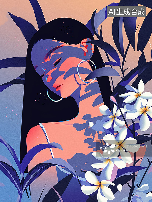 【AI数字艺术】栀子花蓝色冬天女性情感插画海报春分插图锁屏壁纸杂志印刷节日节气花朵植物图片素材