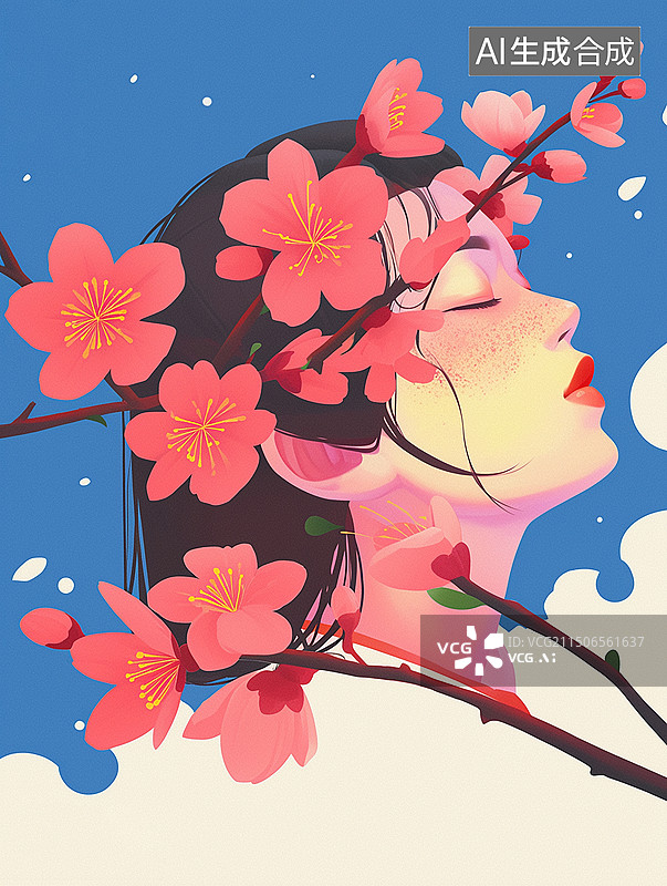 【AI数字艺术】女性情感插画海报春分插图锁屏壁纸杂志印刷节日节气花朵植物梅花雪冬天王昭君图片素材