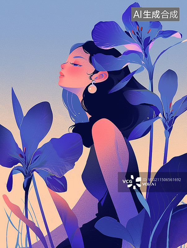 【AI数字艺术】女性情感插画海报春分插图锁屏壁纸杂志印刷节日节气花朵植物香雪兰小苍兰蓝色图片素材