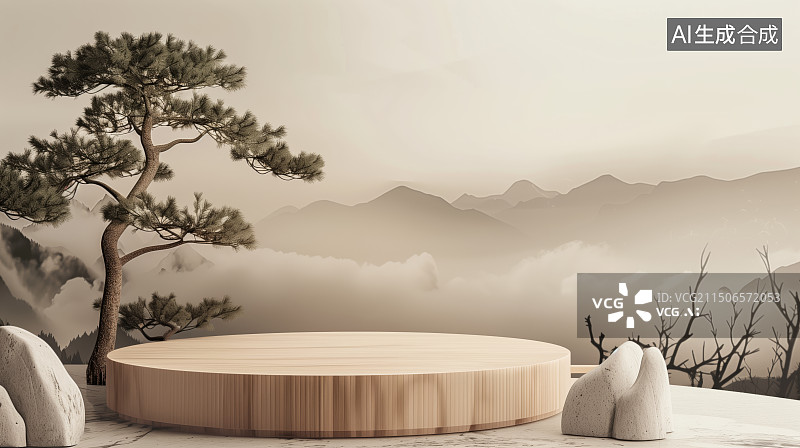 【AI数字艺术】3D新中式山峰风景圆形电商产品展台图片素材