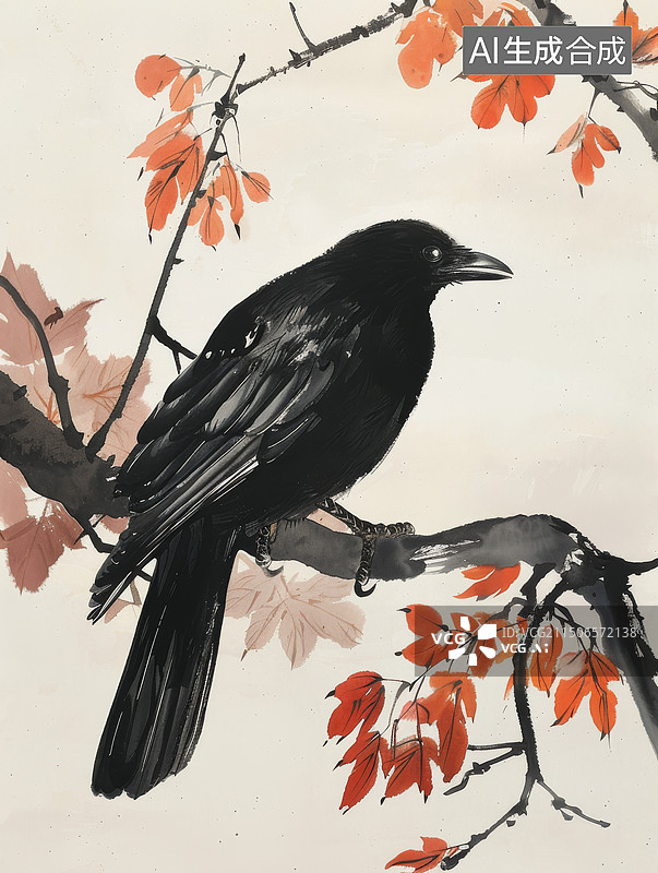 【AI数字艺术】水墨画中的秋日黑鸟图片素材