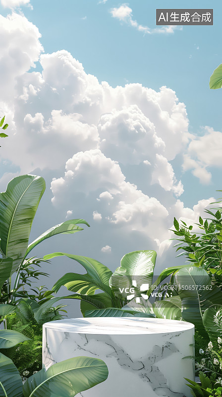 【AI数字艺术】3D蓝色天空和绿色植物白色大理石电商产品展台图片素材