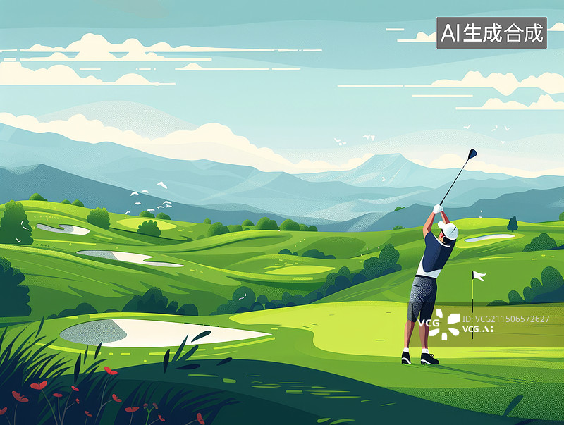 【AI数字艺术】男人打高尔夫球扁平风插画图片素材