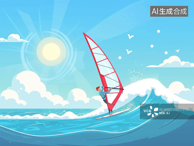 【AI数字艺术】大海里的帆船运动比赛扁平风插画图片素材