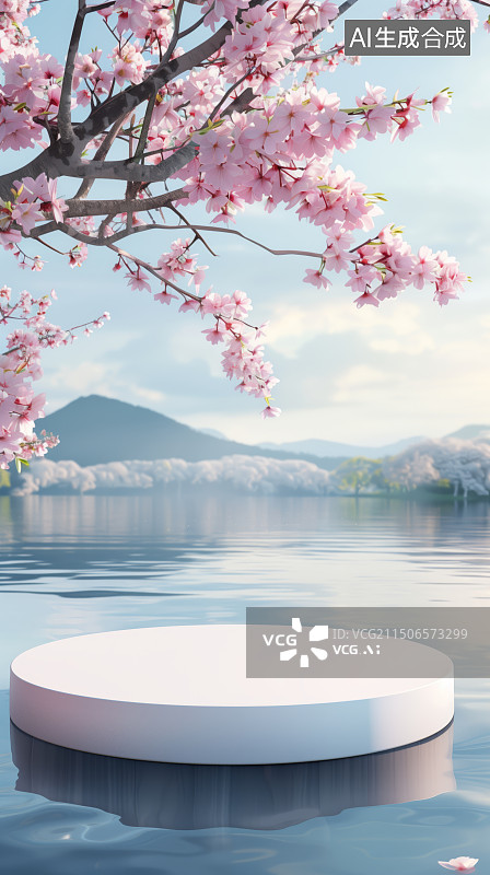 【AI数字艺术】3D粉色樱花高山湖面圆形电商产品展台图片素材