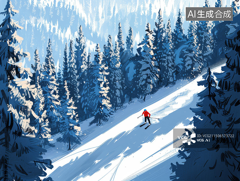 【AI数字艺术】一个人在森林雪山中滑雪扁平风插画蓝色背景图片素材