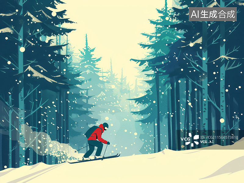 【AI数字艺术】一个人在森林雪山中滑雪扁平风插画黄色背景图片素材