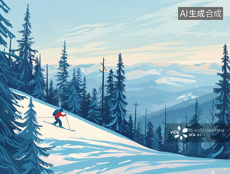 【AI数字艺术】一个人在森林雪山中滑雪扁平风插画蓝色背景图片素材