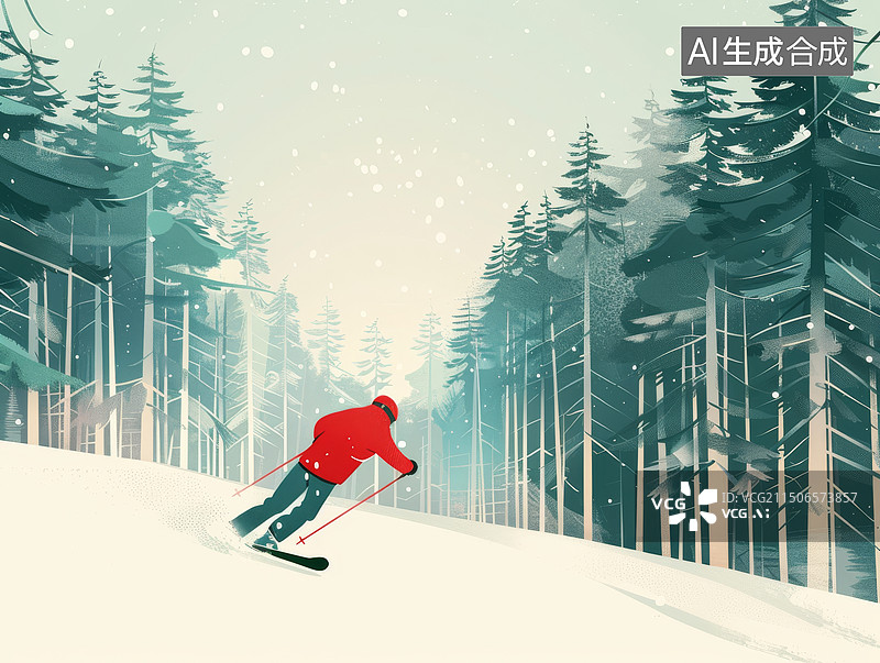 【AI数字艺术】一个人在森林雪山中滑雪扁平风插画黄色背景图片素材