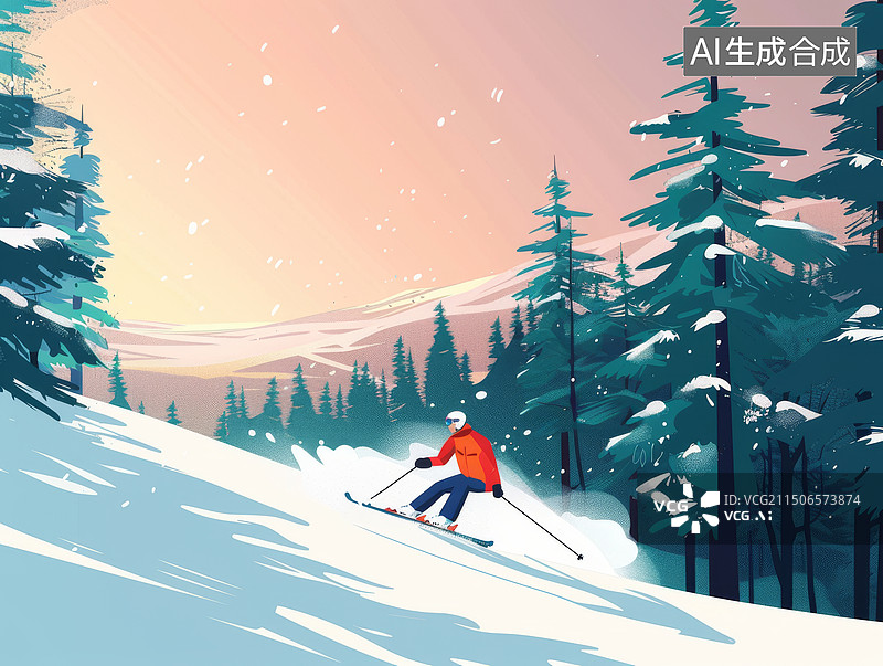 【AI数字艺术】一个人在森林雪山中滑雪扁平风插画红色背景图片素材