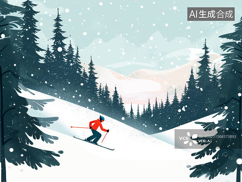 【AI数字艺术】一个人在森林雪山中滑雪扁平风插画蓝色背景图片素材