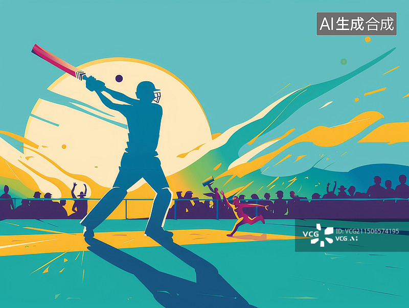 【AI数字艺术】棒球运动员在运动场中挥舞球棒扁平风插画图片素材