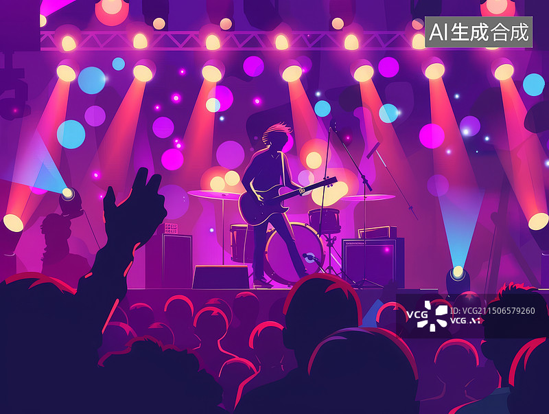 【AI数字艺术】歌手明星在舞台弹唱扁平风插画图片素材