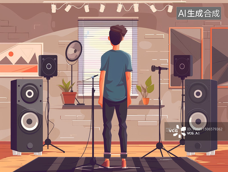 【AI数字艺术】男人站在音乐工作室扁平风插画图片素材