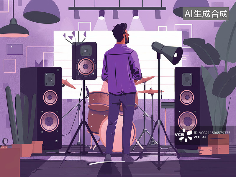 【AI数字艺术】男人站在音乐工作室扁平风插画图片素材