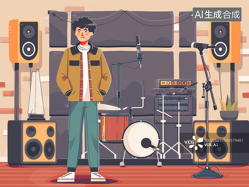 【AI数字艺术】男人站在音乐工作室扁平风插画图片素材
