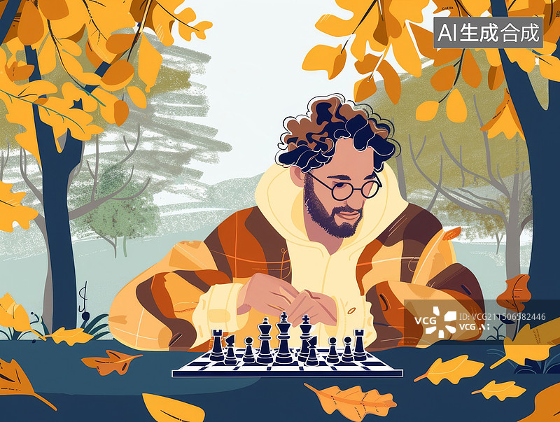 【AI数字艺术】秋天公园里下国际象棋的男人扁平风插画图片素材